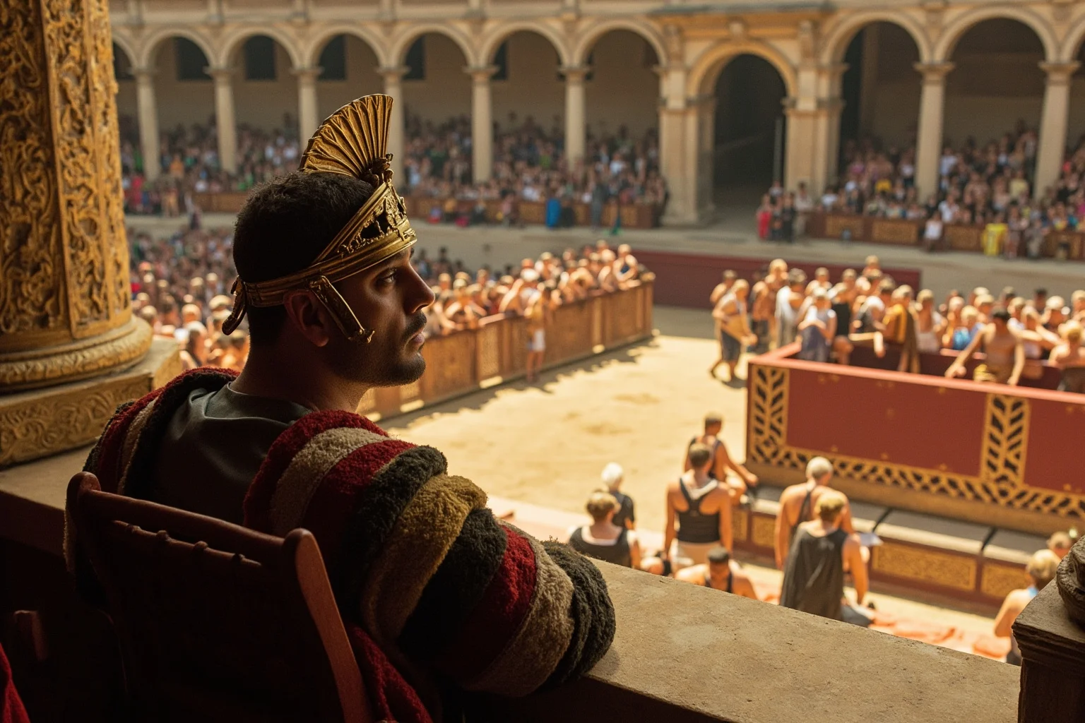 Yes, Female Gladiators Existed — And Here's Everything You Need to Know About Them 3 Emperor Nero watching gladiatorial games from his imperial box in a Roman arena, with female fighters entering below