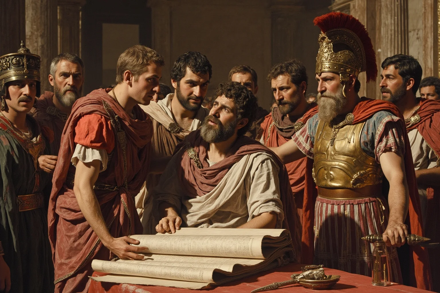 Yes, Female Gladiators Existed — And Here's Everything You Need to Know About Them 18 Emperor Septimius Severus issuing a decree on a scroll, banning female gladiators, with Roman officials standing by
