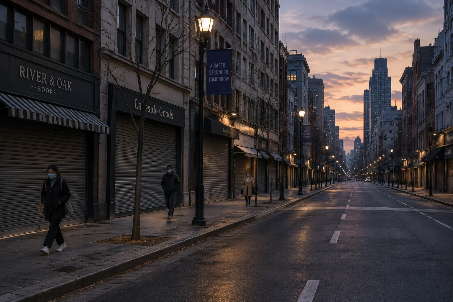 Empty 2020 city street with closed storefronts and masked pedestrians, dusk lighting, quiet atmosphere
