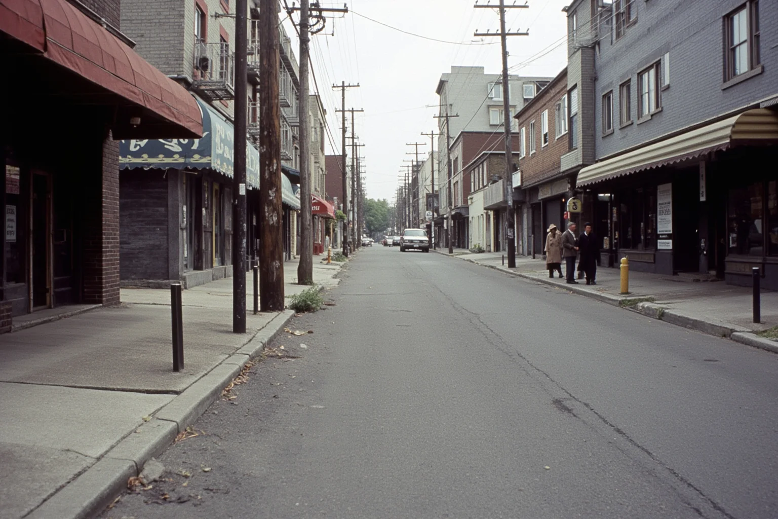 Empty curfewed street in a Japanese American neighborhood, 1940s storefronts, somber muted tones, no identifiable people