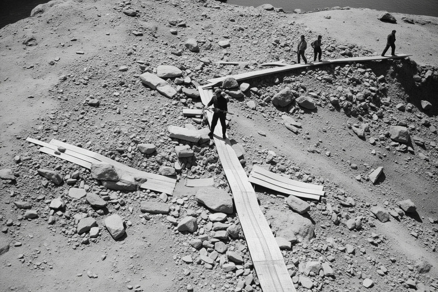 Engineers and geologists walking carefully across the dry, rocky riverbed at the base of the American Falls, 1969, realistic historical photo style
