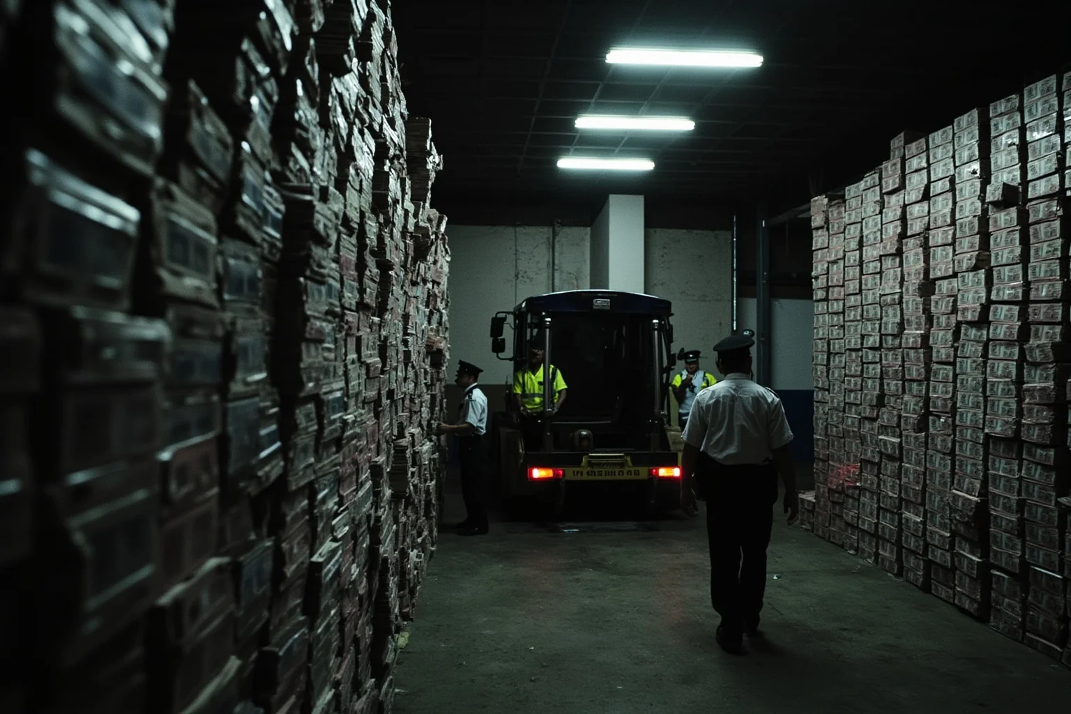 English cash depot counting hall with tall stacks of banknote bundles and a loader vehicle, police-uniformed figures, fluorescent light, tense documentary feel.