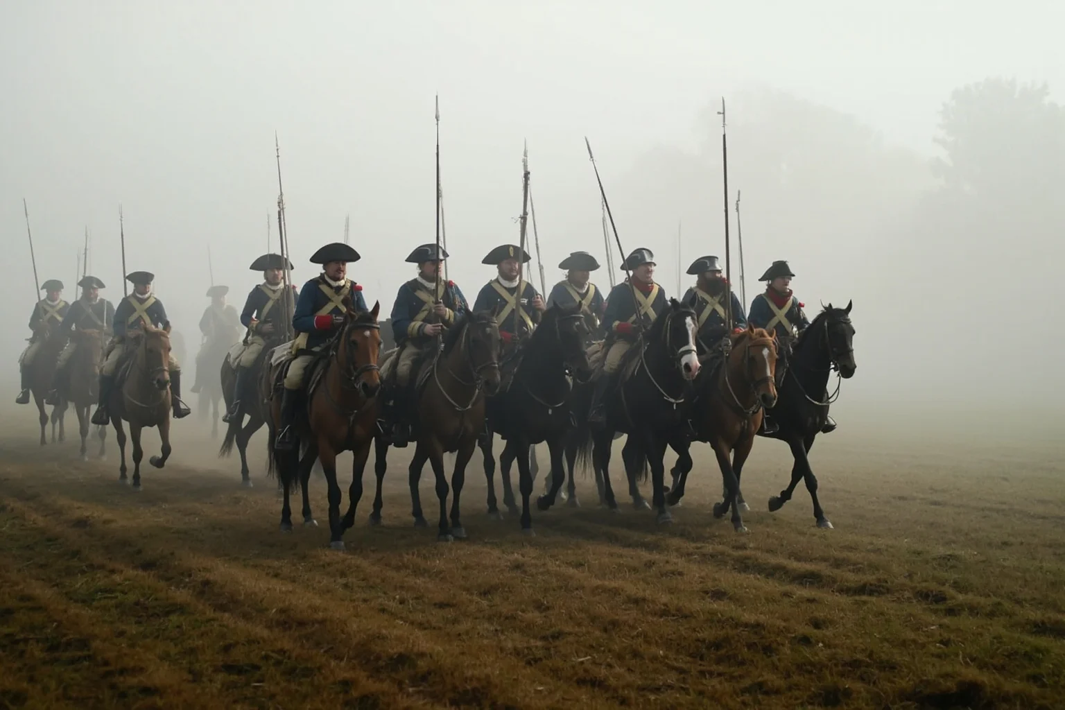 English Civil War cavalry charge in disciplined formation, period uniforms, misty field, historical style