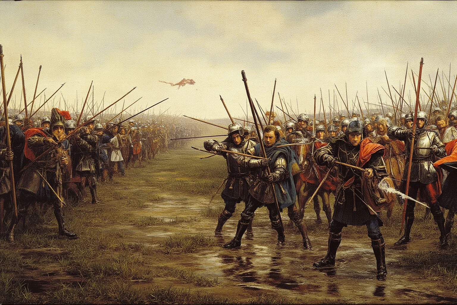 25 Epic Battles of History: The Greatest Clashes That Shaped Our World 18 English longbowmen firing volleys into French knights across a muddy field at the Battle of Agincourt, rain-soaked ground, historical illustration
