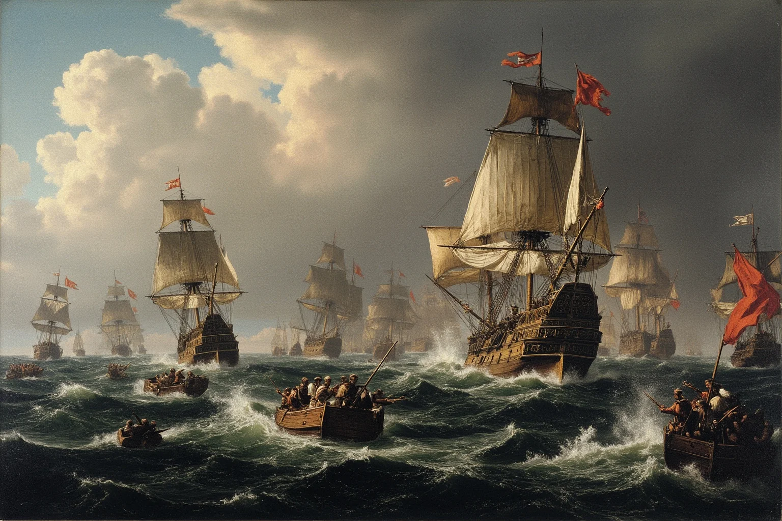 25 Epic Battles of History: The Greatest Clashes That Shaped Our World 20 English warships harrying the Spanish Armada in stormy seas off the coast of England, 1588, dramatic naval scene, historical illustration