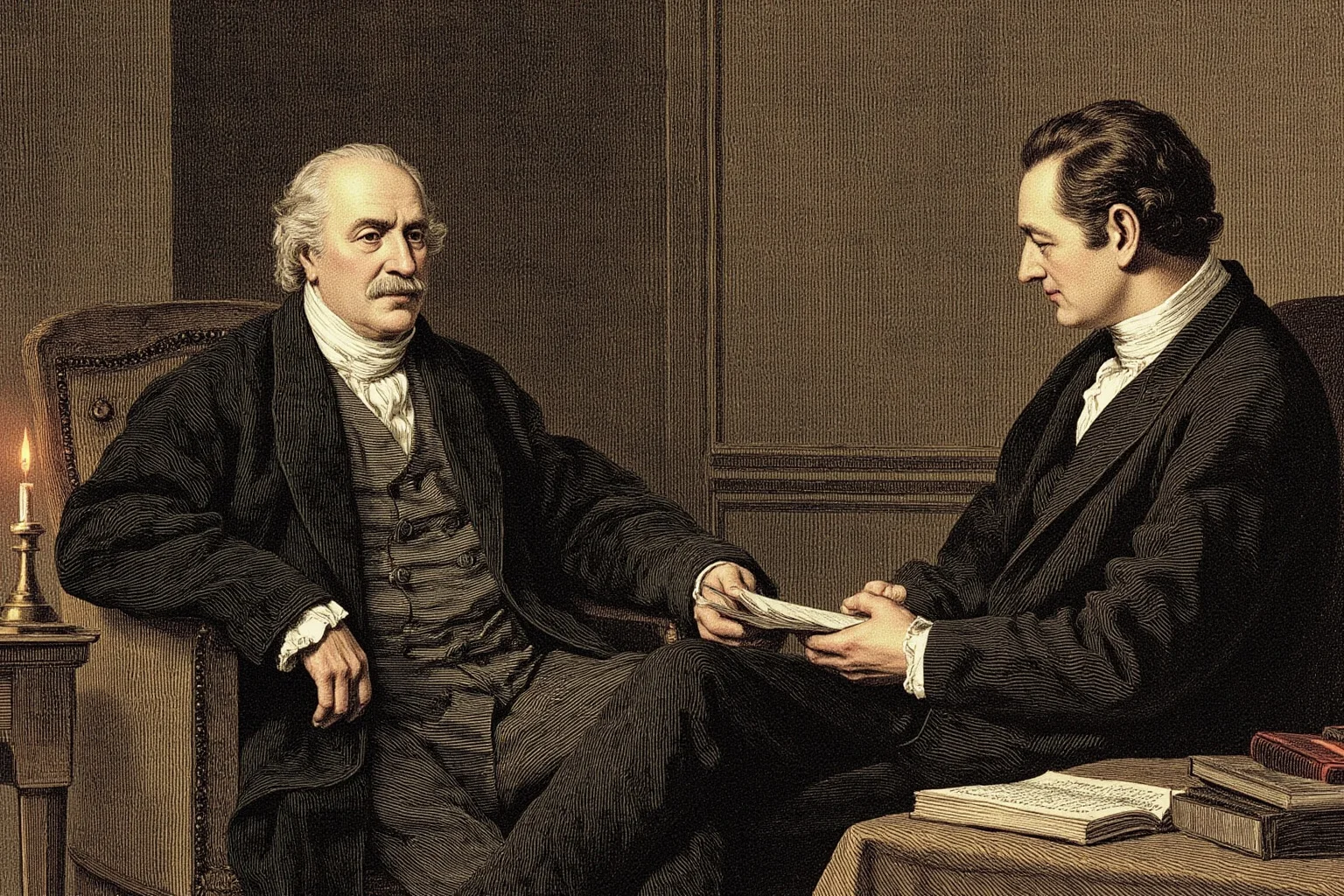 Charles Farrar Browne: America's First Stand-Up Comedian 9 Engraving of two 19th-century American writers in conversation in a wood-paneled parlor, generic period faces, books and lamplight, warm historical illustration