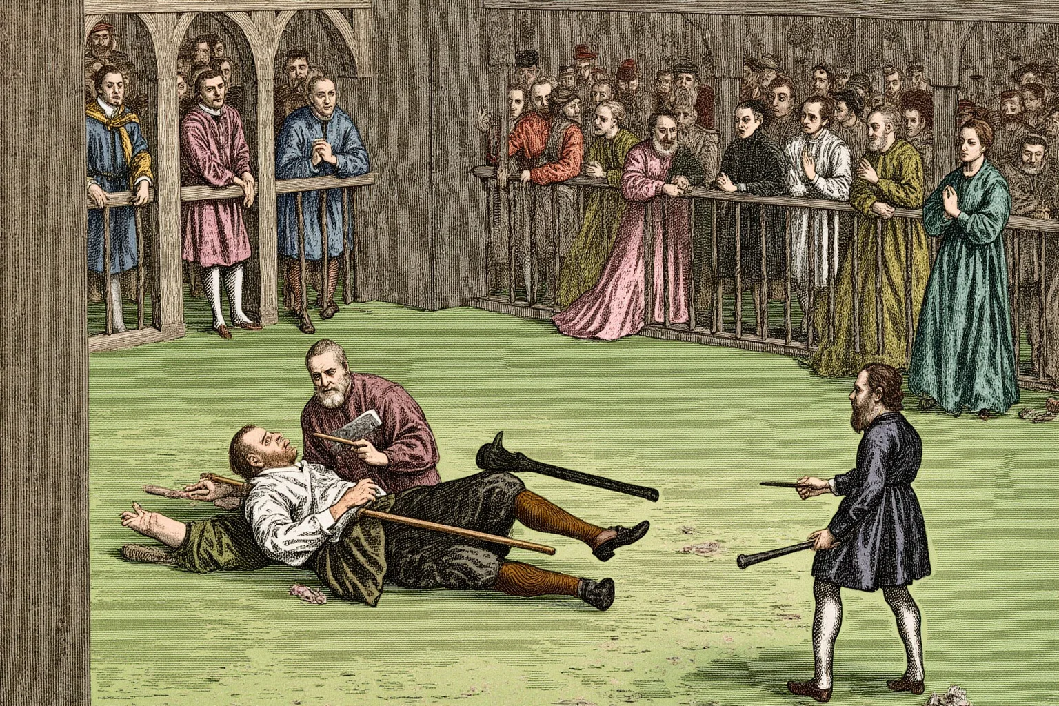 Executions Gone Horribly Wrong: 28 Botched Executions That Shocked History 4 Engraving-style image of an Elizabethan nobleman's execution on a green courtyard, axe mid-stroke, a crowd of courtiers behind wooden railings, muted colours.