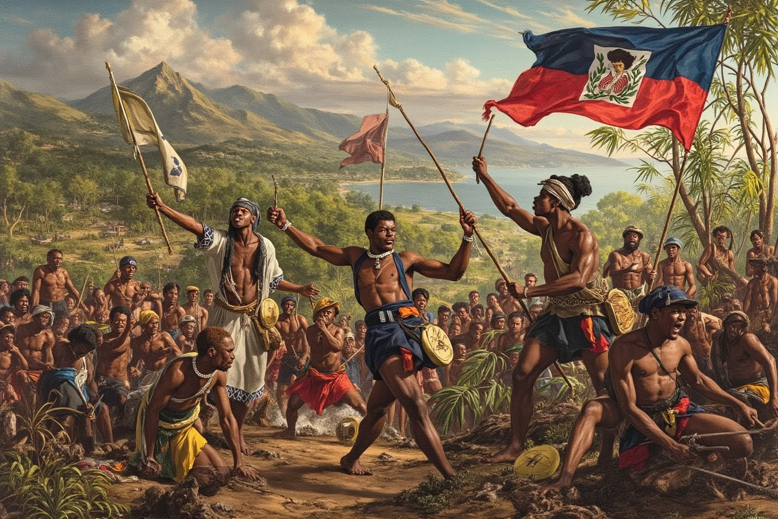 21 Times Governments Were Overthrown by the People 5 Enslaved Africans and free people of color fighting for independence in Haiti, tropical landscape, revolutionary flags, dramatic historical illustration.