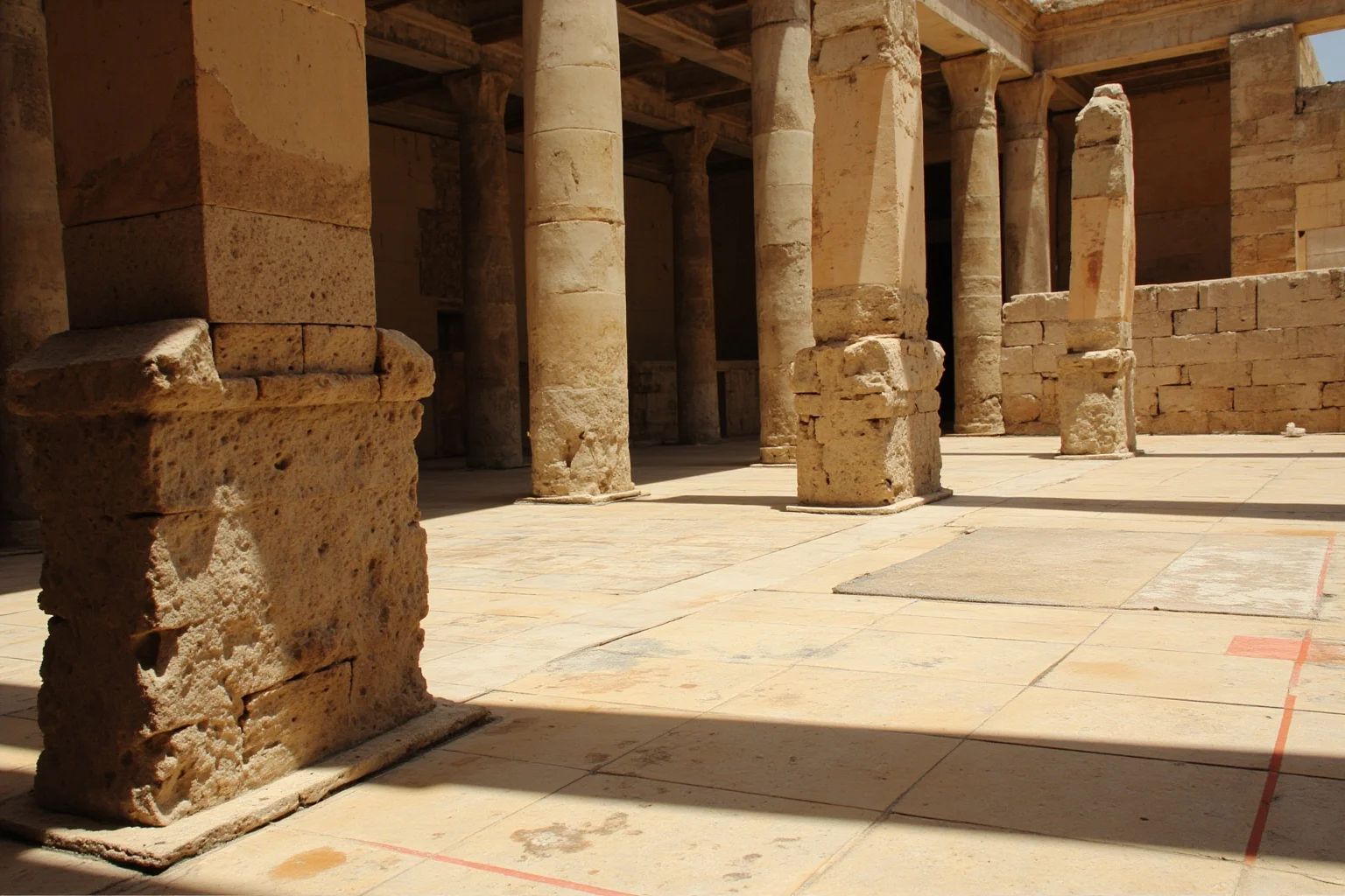 Eratosthenes measuring Earth's shadow angles with obelisks and geometry, ancient Alexandria, sunny courtyard, diagram lines, no text.