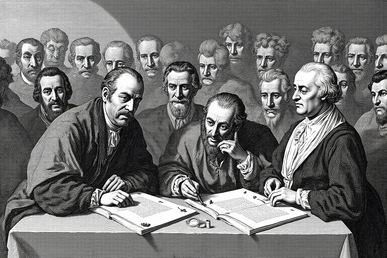 European diplomats signing peace treaties in 17th century Münster, Westphalia, historical engraving style