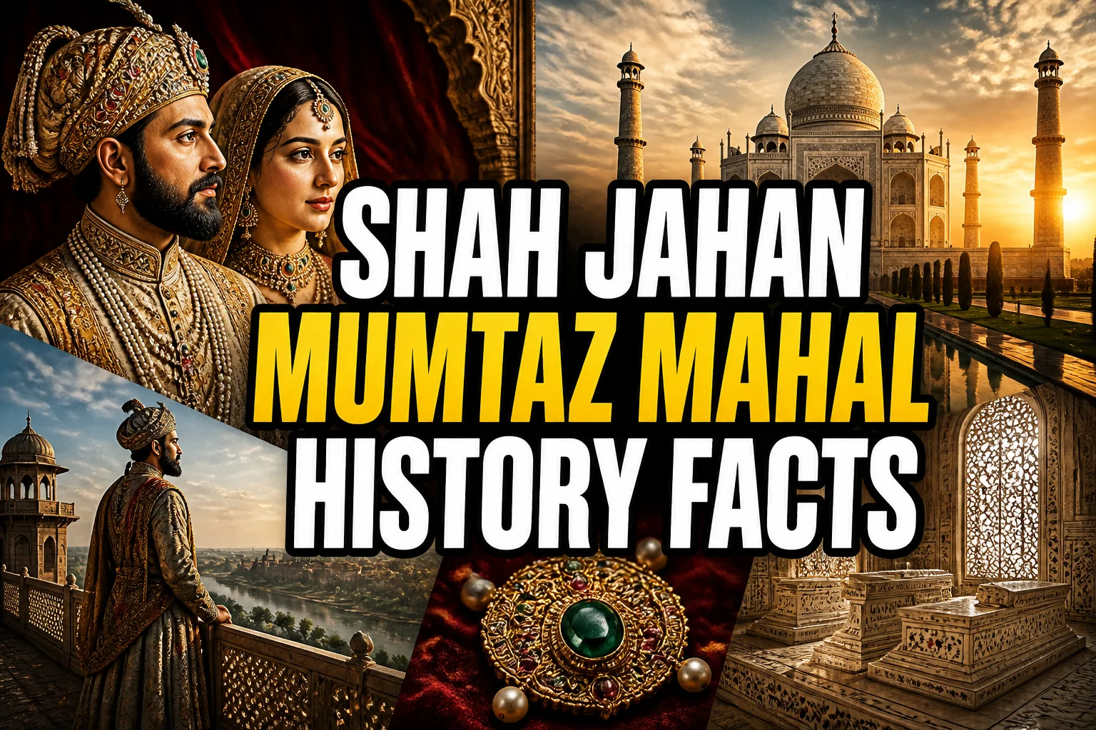 A bold, high-impact blog featured image in the style of a professional YouTube thumbnail or documentary poster. Create a dramatic photo-collage montage of 3-5 distinct historical scenes, subjects, or artifacts directly relevant to "Everything History Never Told You About Shah Jahan And Mumtaz Mahal" — vivid, cinematic documentary-photography style, rich color grading, high contrast, dynamic diagonal composition blending the scenes together. Overlay a large, bold, stacked headline of text on top reading exactly: "SHAH JAHAN MUMTAZ MAHAL HISTORY FACTS". Render the headline in a heavy, condensed, high-contrast font with a black outline/stroke for legibility, mixing white text with a single vibrant accent color (gold, red, or orange) on the most important word or phrase for emphasis, spelled correctly. The headline text must be the dominant visual element — large, bold, and easy to read even at small thumbnail size. Vibrant, punchy, professional commercial photography and graphic-design composition. 16:9 landscape. Keep the headline text within the vertical center safe zone, away from the very top and bottom edges of the frame, since the image may be cropped afterward. No watermarks, no logos, no extra captions or invented text beyond the headline itself.