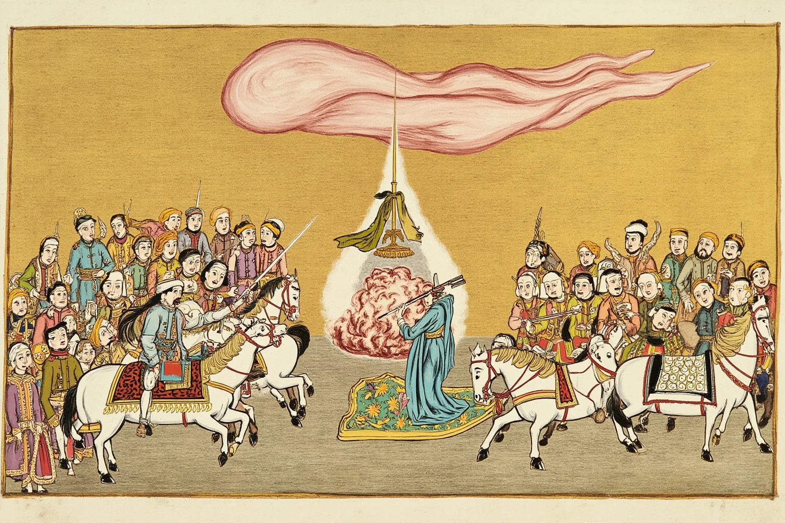 Execution scene of a Mughal prince, stylized, no blood