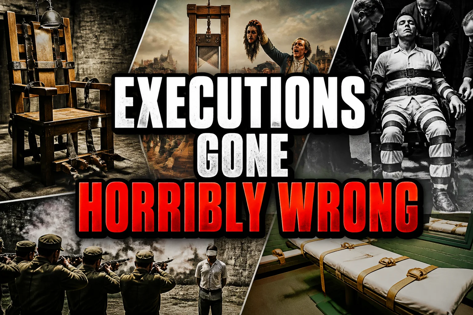 Executions Gone Horribly Wrong: 28 Botched Executions That Shocked History 2 A bold, high-impact blog featured image in the style of a professional YouTube thumbnail or documentary poster. Create a dramatic photo-collage montage of 3-5 distinct historical scenes, subjects, or artifacts directly relevant to "Executions Gone Horribly Wrong: 28 Botched Executions That Shocked History" — vivid, cinematic documentary-photography style, rich color grading, high contrast, dynamic diagonal composition blending the scenes together. Overlay a large, bold, stacked headline of text on top reading exactly: "EXECUTIONS GONE HORRIBLY WRONG". Render the headline in a heavy, condensed, high-contrast font with a black outline/stroke for legibility, mixing white text with a single vibrant accent color (gold, red, or orange) on the most important word or phrase for emphasis, spelled correctly. The headline text must be the dominant visual element — large, bold, and easy to read even at small thumbnail size. Vibrant, punchy, professional commercial photography and graphic-design composition. 16:9 landscape. Keep the headline text within the vertical center safe zone, away from the very top and bottom edges of the frame, since the image may be cropped afterward. No watermarks, no logos, no extra captions or invented text beyond the headline itself.