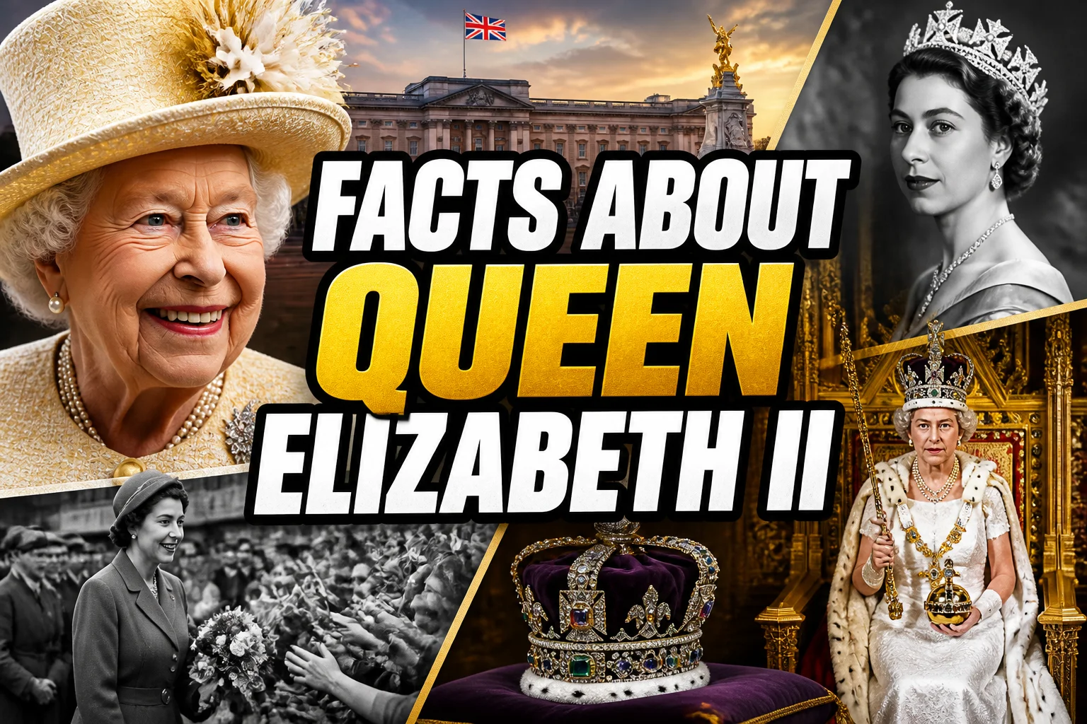 Facts You Didn't Know About Queen Elizabeth II, the World's Second-Longest Reigning Monarch 2 A bold, high-impact blog featured image in the style of a professional YouTube thumbnail or documentary poster. Create a dramatic photo-collage montage of 3-5 distinct historical scenes, subjects, or artifacts directly relevant to "Facts You Didn't Know About Queen Elizabeth II, the World's Second-Longest Reigning Monarch" — vivid, cinematic documentary-photography style, rich color grading, high contrast, dynamic diagonal composition blending the scenes together. Overlay a large, bold, stacked headline of text on top reading exactly: "FACTS ABOUT QUEEN ELIZABETH II". Render the headline in a heavy, condensed, high-contrast font with a black outline/stroke for legibility, mixing white text with a single vibrant accent color (gold, red, or orange) on the most important word or phrase for emphasis, spelled correctly. The headline text must be the dominant visual element — large, bold, and easy to read even at small thumbnail size. Vibrant, punchy, professional commercial photography and graphic-design composition. 16:9 landscape. Keep the headline text within the vertical center safe zone, away from the very top and bottom edges of the frame, since the image may be cropped afterward. No watermarks, no logos, no extra captions or invented text beyond the headline itself.
