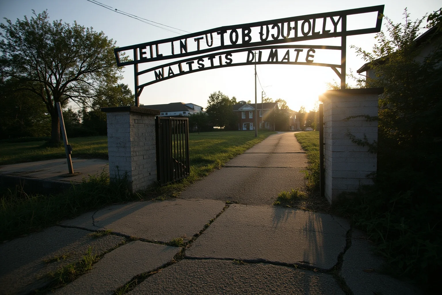 Faded institutional campus gate with iron letters and cracked concrete, overgrown driveway, late afternoon sun, no people, photorealistic.