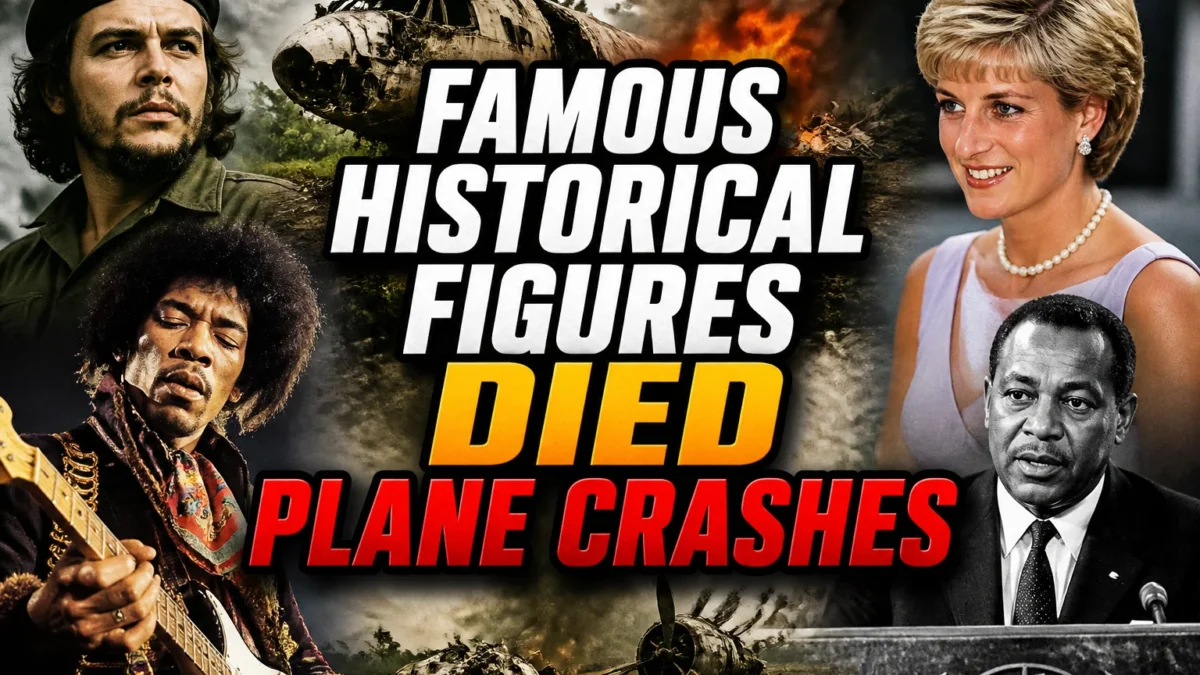 A bold, high-impact blog featured image in the style of a professional YouTube thumbnail or documentary poster. Create a dramatic photo-collage montage of 3-5 distinct historical scenes, subjects, or artifacts directly relevant to "Famous Historical Figures Who Died in Plane Crashes: 20 Tragic Losses" — vivid, cinematic documentary-photography style, rich color grading, high contrast, dynamic diagonal composition blending the scenes together. Overlay a large, bold, stacked headline of text on top reading exactly: "FAMOUS HISTORICAL FIGURES DIED PLANE CRASHES". Render the headline in a heavy, condensed, high-contrast font with a black outline/stroke for legibility, mixing white text with a single vibrant accent color (gold, red, or orange) on the most important word or phrase for emphasis, spelled correctly. The headline text must be the dominant visual element — large, bold, and easy to read even at small thumbnail size. Vibrant, punchy, professional commercial photography and graphic-design composition. 16:9 landscape. Keep the headline text within the vertical center safe zone, away from the very top and bottom edges of the frame, since the image may be cropped afterward. No watermarks, no logos, no extra captions or invented text beyond the headline itself.