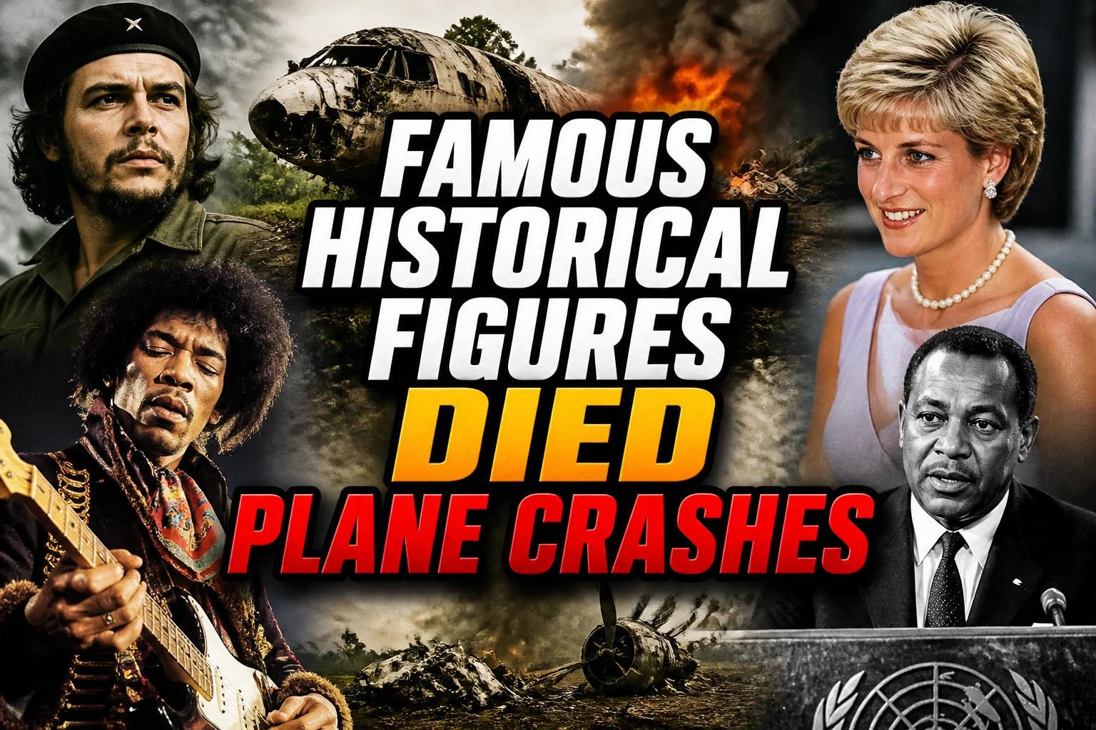 A bold, high-impact blog featured image in the style of a professional YouTube thumbnail or documentary poster. Create a dramatic photo-collage montage of 3-5 distinct historical scenes, subjects, or artifacts directly relevant to "Famous Historical Figures Who Died in Plane Crashes: 20 Tragic Losses" — vivid, cinematic documentary-photography style, rich color grading, high contrast, dynamic diagonal composition blending the scenes together. Overlay a large, bold, stacked headline of text on top reading exactly: "FAMOUS HISTORICAL FIGURES DIED PLANE CRASHES". Render the headline in a heavy, condensed, high-contrast font with a black outline/stroke for legibility, mixing white text with a single vibrant accent color (gold, red, or orange) on the most important word or phrase for emphasis, spelled correctly. The headline text must be the dominant visual element — large, bold, and easy to read even at small thumbnail size. Vibrant, punchy, professional commercial photography and graphic-design composition. 16:9 landscape. Keep the headline text within the vertical center safe zone, away from the very top and bottom edges of the frame, since the image may be cropped afterward. No watermarks, no logos, no extra captions or invented text beyond the headline itself.