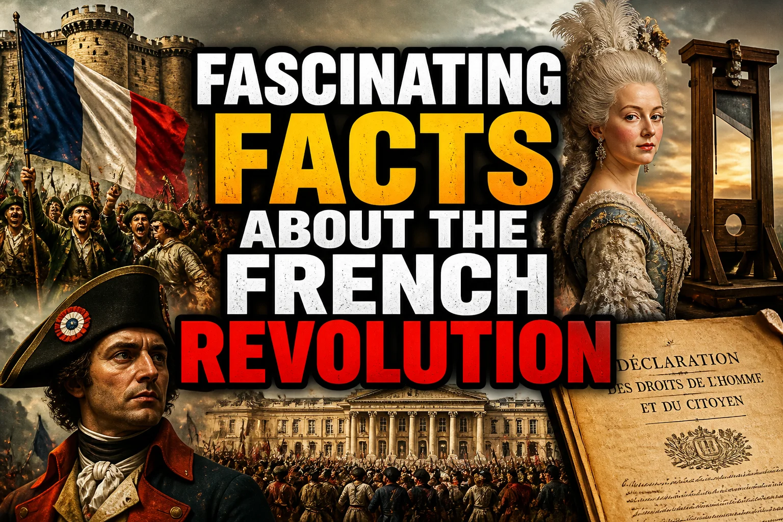 Fascinating Facts About The French Revolution 2 A bold, high-impact blog featured image in the style of a professional YouTube thumbnail or documentary poster. Create a dramatic photo-collage montage of 3-5 distinct historical scenes, subjects, or artifacts directly relevant to "Fascinating Facts About The French Revolution" — vivid, cinematic documentary-photography style, rich color grading, high contrast, dynamic diagonal composition blending the scenes together. Overlay a large, bold, stacked headline of text on top reading exactly: "FASCINATING FACTS ABOUT THE FRENCH REVOLUTION". Render the headline in a heavy, condensed, high-contrast font with a black outline/stroke for legibility, mixing white text with a single vibrant accent color (gold, red, or orange) on the most important word or phrase for emphasis, spelled correctly. The headline text must be the dominant visual element — large, bold, and easy to read even at small thumbnail size. Vibrant, punchy, professional commercial photography and graphic-design composition. 16:9 landscape. Keep the headline text within the vertical center safe zone, away from the very top and bottom edges of the frame, since the image may be cropped afterward. No watermarks, no logos, no extra captions or invented text beyond the headline itself.