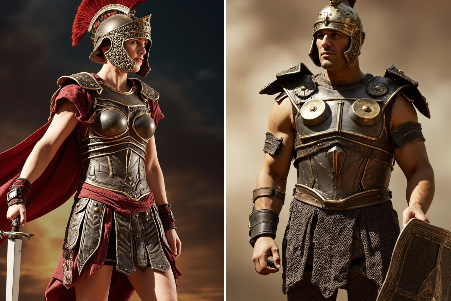 Yes, Female Gladiators Existed — And Here's Everything You Need to Know About Them 16 Female gladiator armor and equipment displayed side by side with heavier male gladiator gear, showing the differences