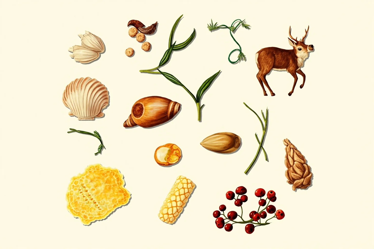 24 Facts About Prehistoric Humans 9 Flat-lay illustration of varied prehistoric foods: shellfish, nuts, tubers, berries, honeycomb, and small game.