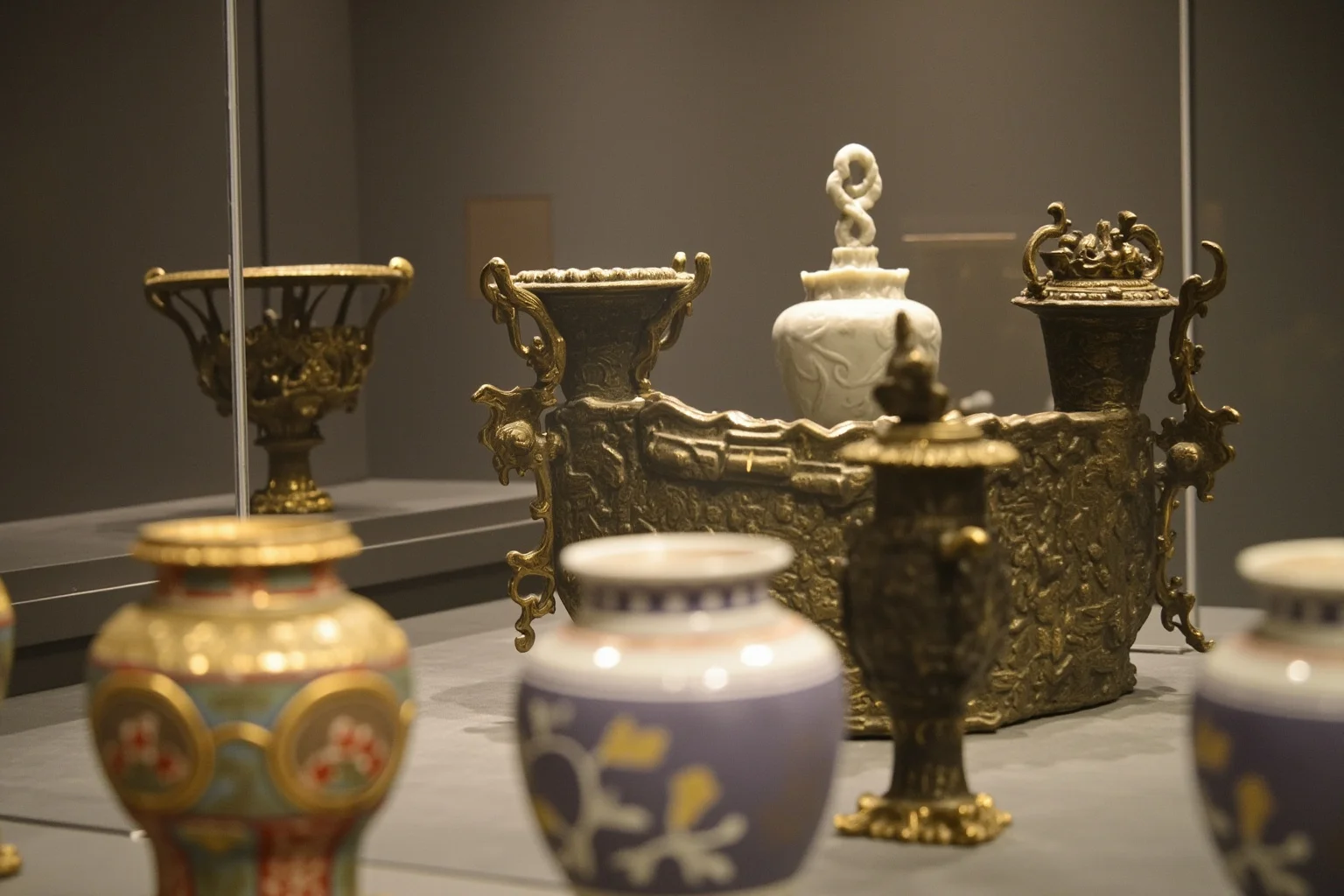 Forbidden City in Beijing with Ming Dynasty porcelain vases and imperial treasure on display