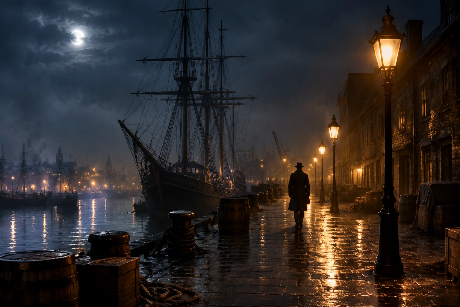 Foreign port at night with a lone figure walking away under gas lamps, early 1900s atmosphere, no recognizable person