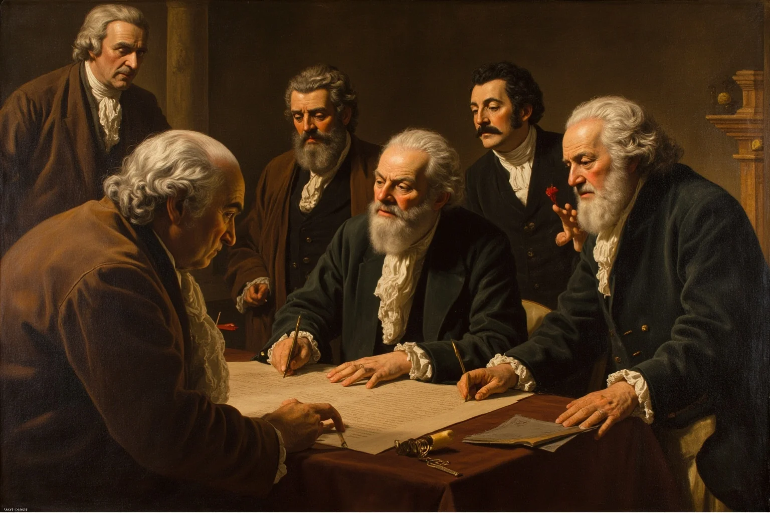 Founding Fathers signing the U.S. Constitution in Independence Hall, 18th century painting style