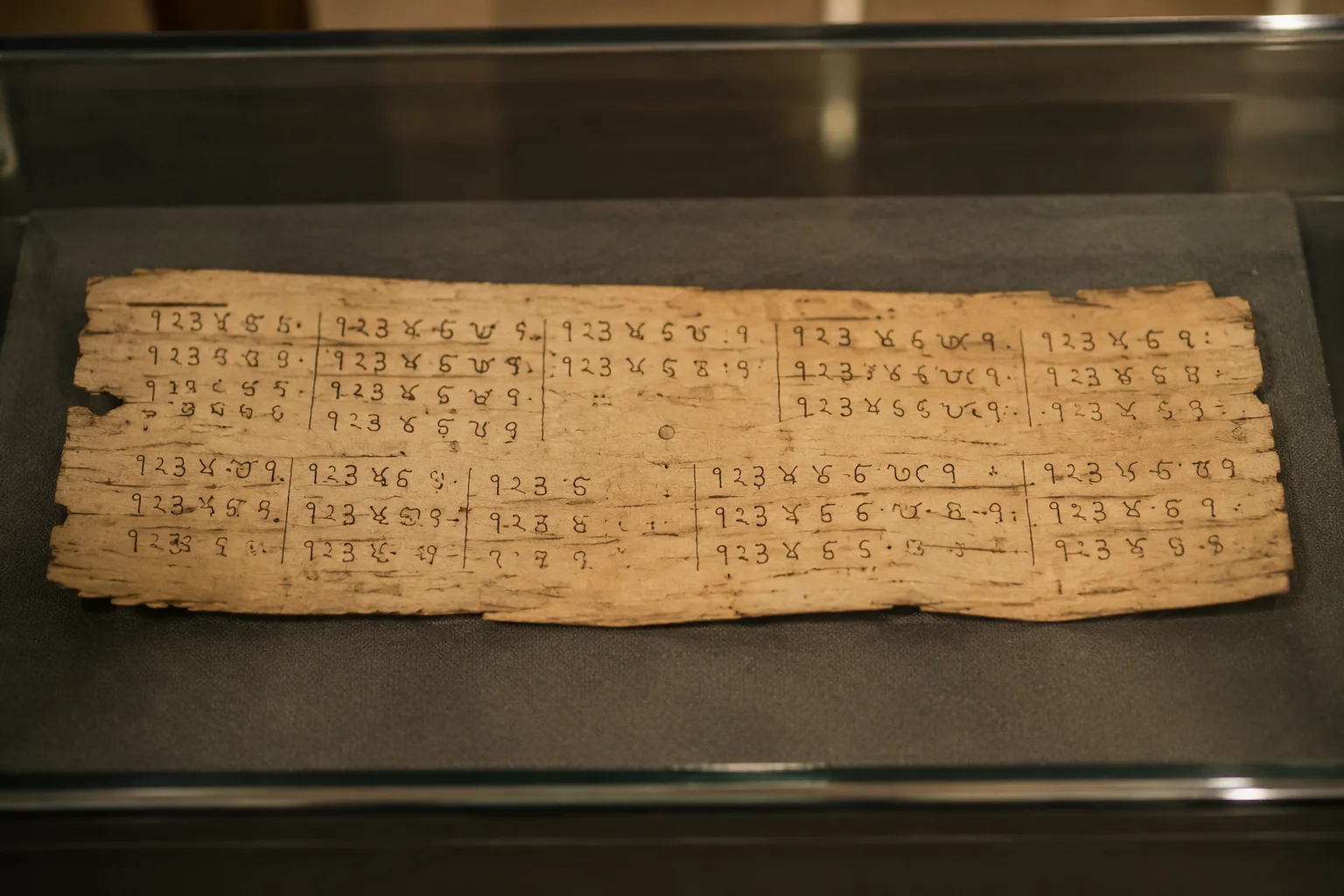 23 Historical Finds That Reveal Advanced Ancient Civilizations 11 Fragile birch-bark manuscript page covered in ancient Indian numerals including a small dot placeholder, displayed under glass with soft archival lighting, no people.