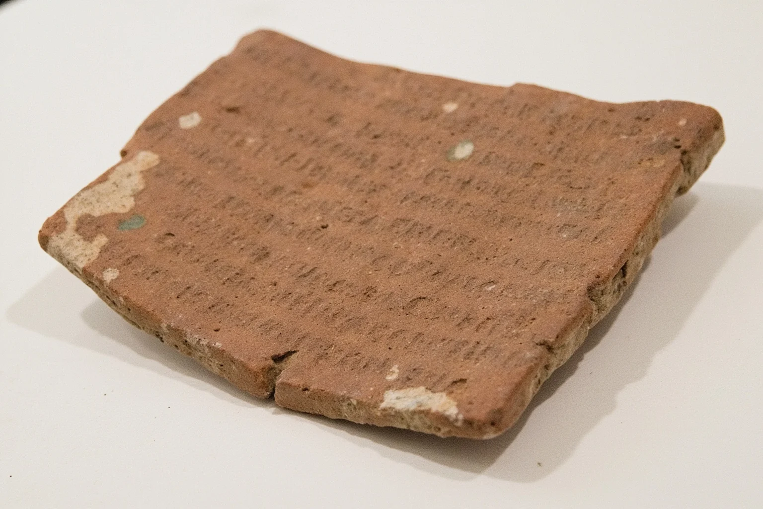 23 Ancient Graffiti Messages That Sound Shockingly Modern 14 Fragment of a Roman roof tile with scratched Latin letters, archaeological find photographed on a neutral background, no people.