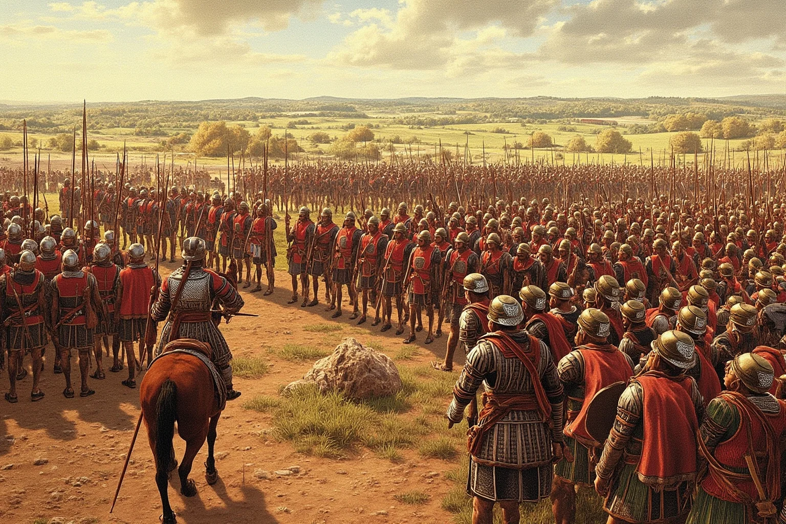 25 Epic Battles of History: The Greatest Clashes That Shaped Our World 14 Frankish infantry in a defensive square holding off Umayyad cavalry at the Battle of Tours, autumn countryside, historical illustration