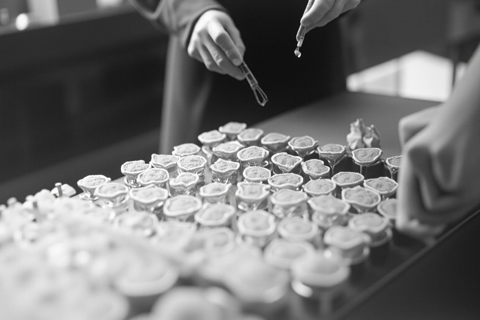 Freeze-dried blood serum vials being prepared in a 1940s laboratory, medical research setting