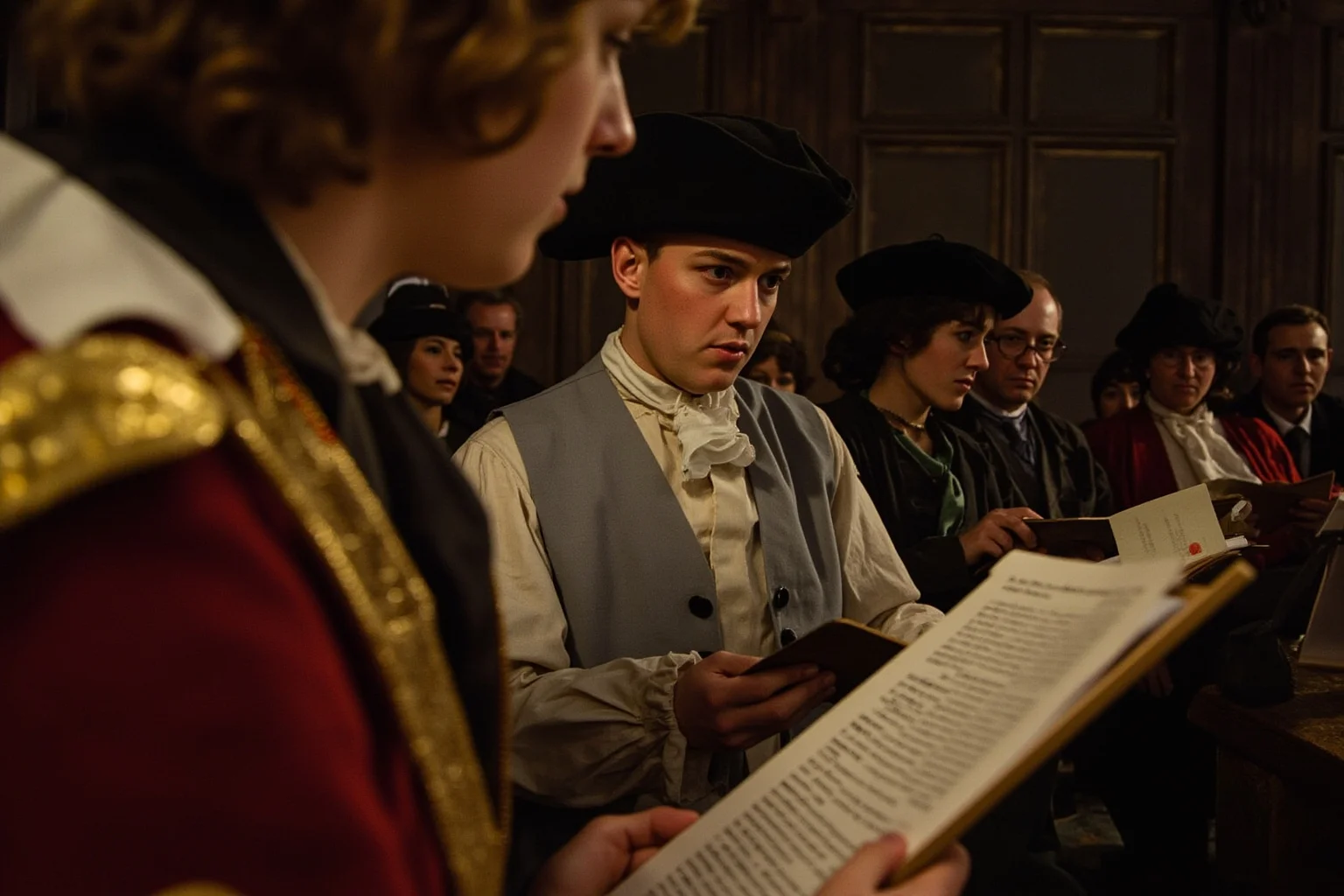 French Revolution citizens reading the Declaration of the Rights of Man, 1789, dramatic historical scene