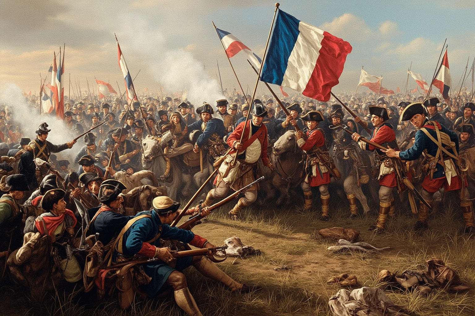 Fascinating Facts About The French Revolution 9 French revolutionary soldiers in battle against Austrian and Prussian forces, with tricolor flags, 1792, historical battle scene.