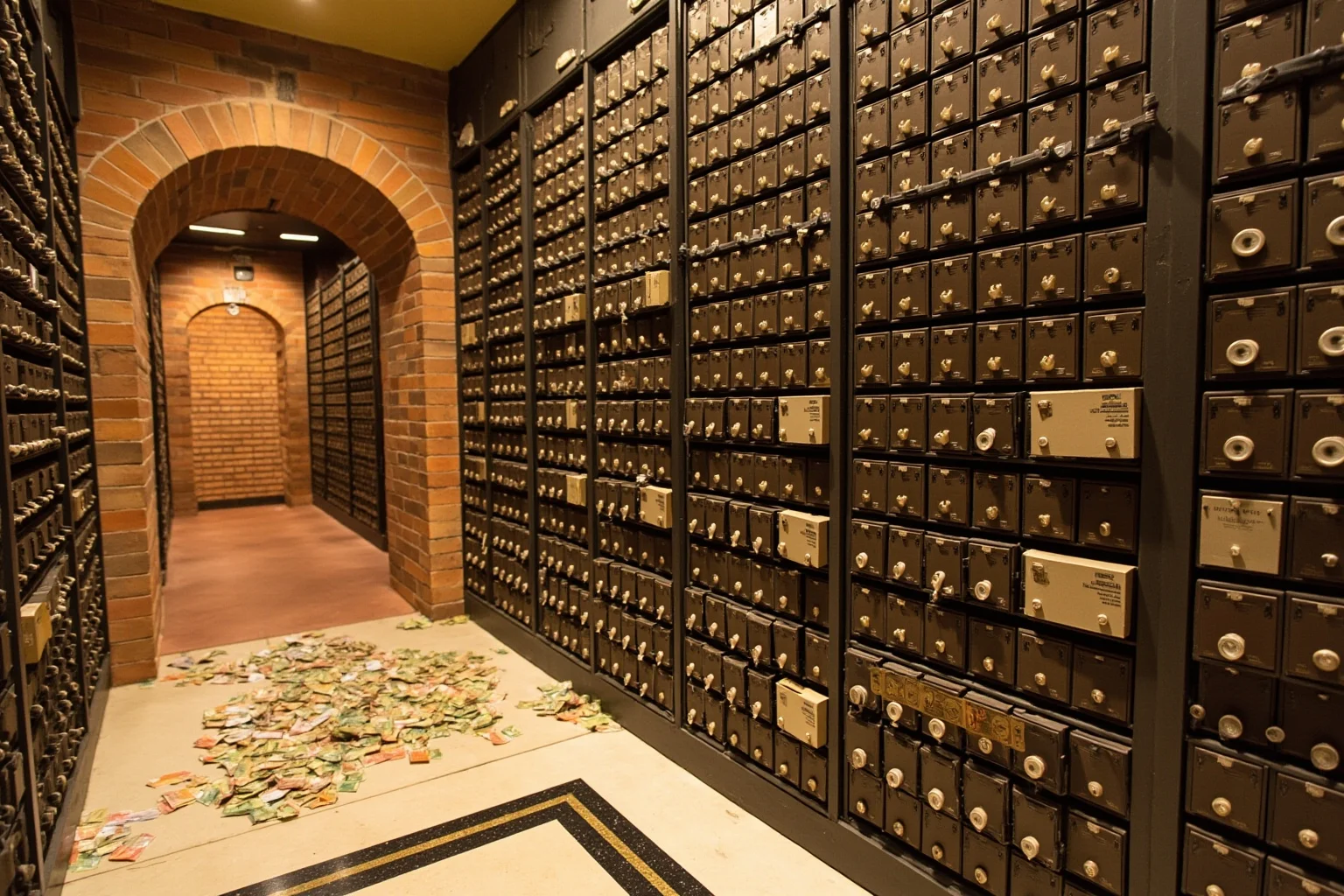 French Riviera bank vault interior with hundreds of open safe deposit boxes, a brick tunnel entrance behind the wall, scattered francs, 1970s styling.