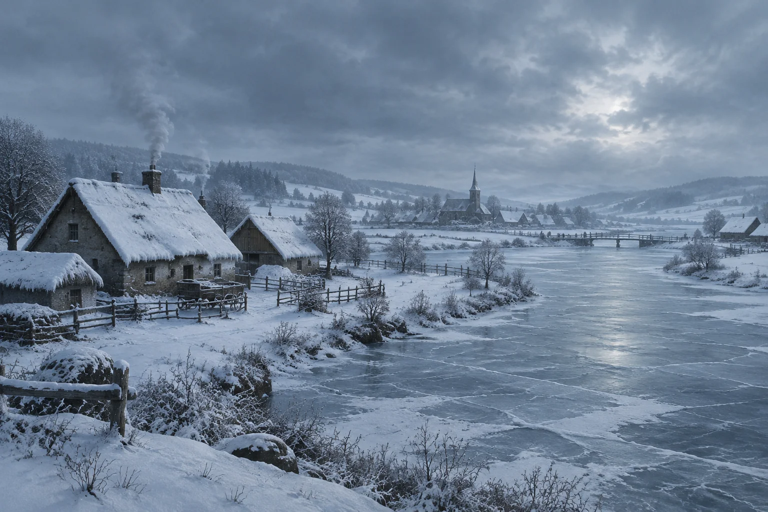 The Single Worst Time Period in Human History? What the Evidence Actually Shows 12 Frozen European landscape during the Little Ice Age, snow-covered farmhouses and a frozen river, cold blue-gray palette.