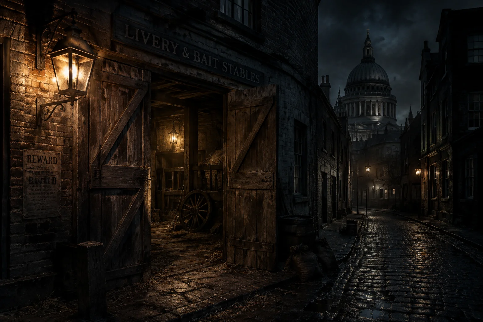 Georgian-era London street at night with an abandoned stable loft and a lantern, conspiratorial mood, no people
