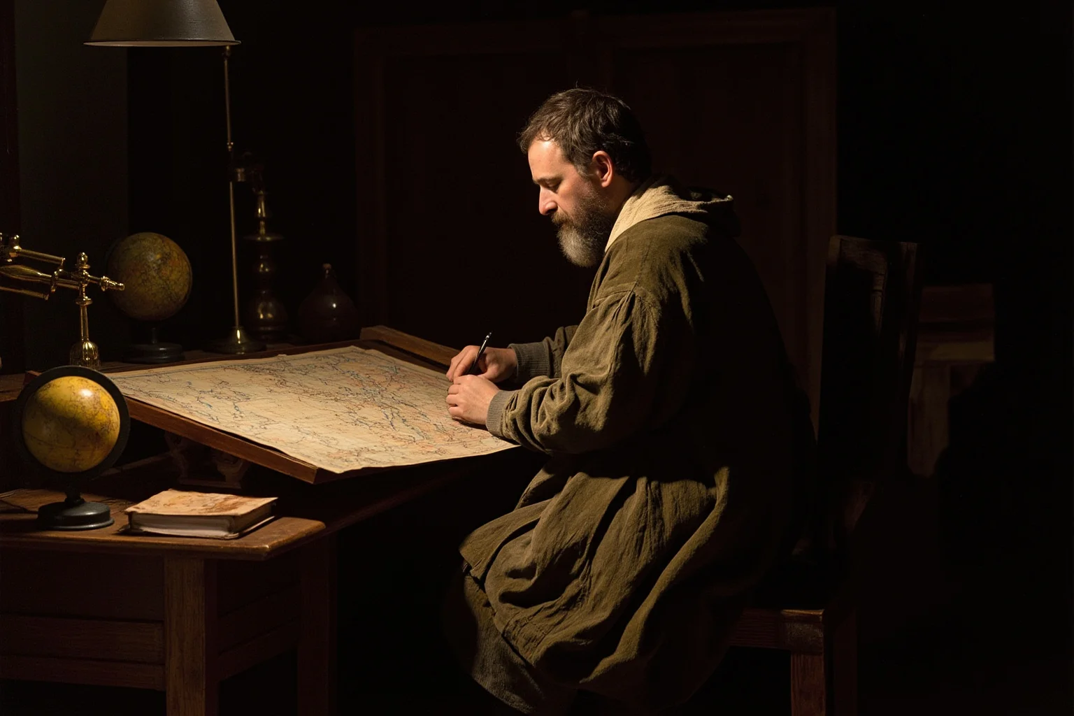 Gerardus Mercator working on his 1569 map projection in a dimly lit study, with globes and instruments around him.