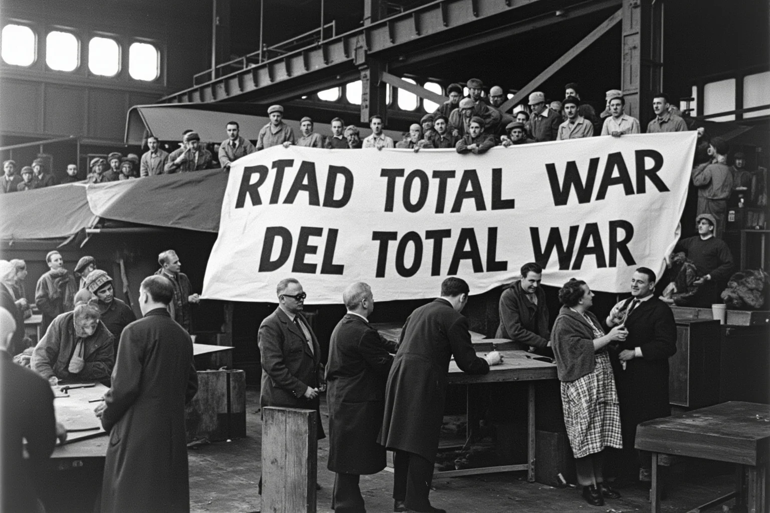 Why Did Germany Lose WW2? 20 Reasons They Almost Won 8 German factory workers assembling aircraft under a banner urging total war, 1944