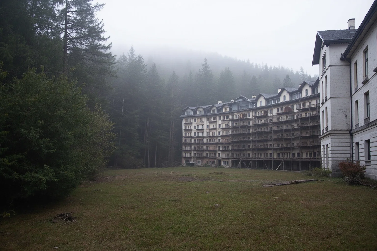 German sanatorium pavilions in pine forest with half-restored facades and scaffolding, misty morning, no people, photorealistic.
