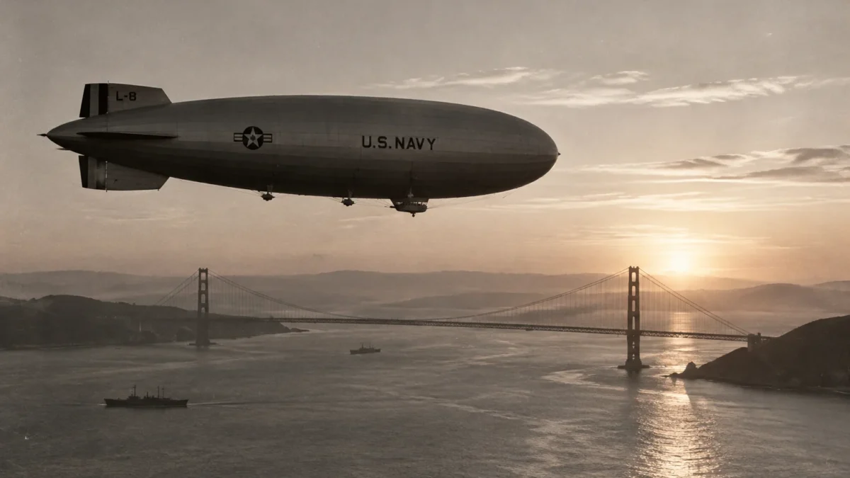 A vintage U.S. Navy L-type blimp floating low over the San Francisco Bay at sunrise, 1942, with the Golden Gate Bridge in the background, historical photograph style.