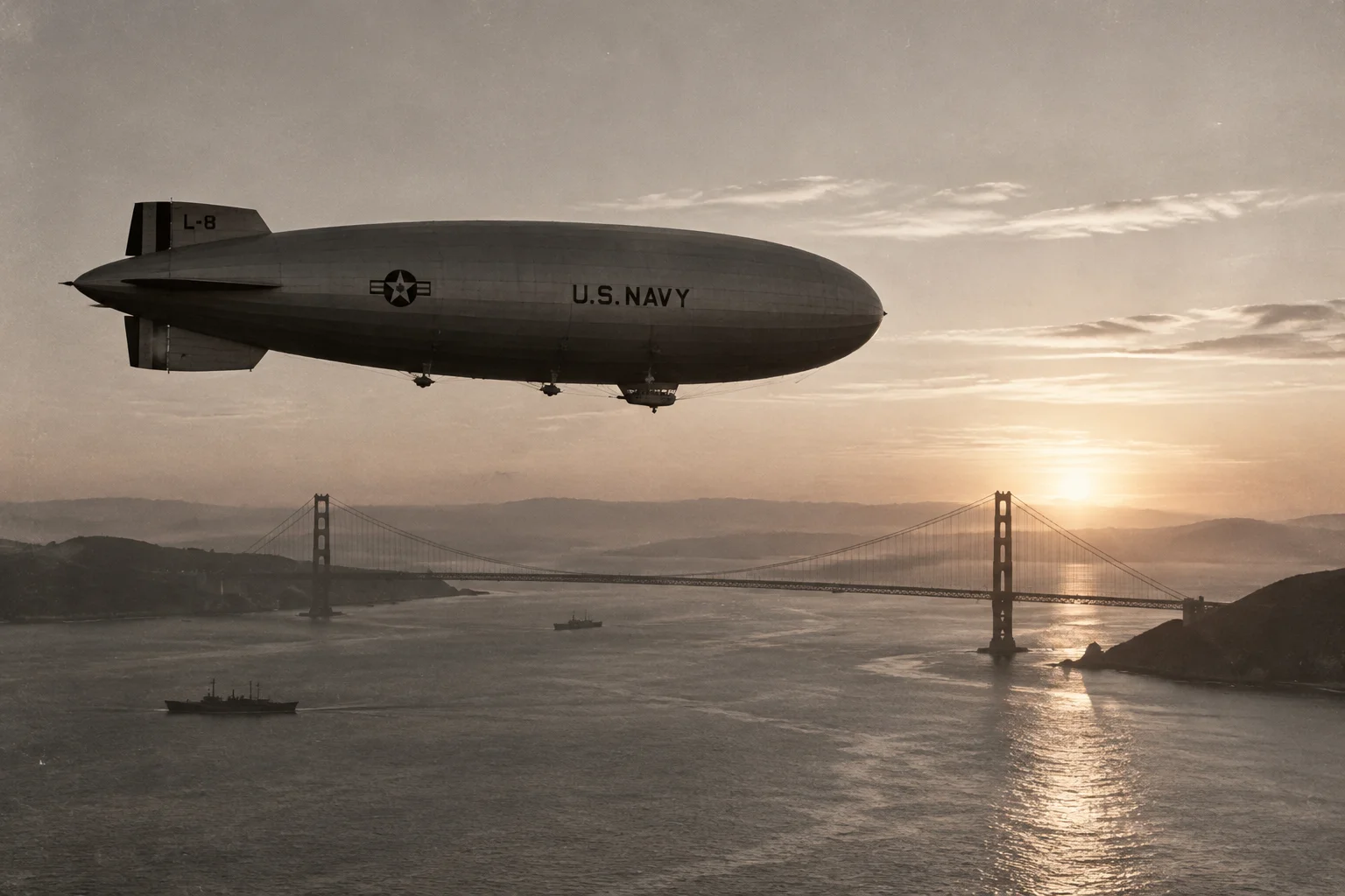 Ghost Blimp 1942: The WWII Blimp That Landed in San Francisco Without a Crew 2 A vintage U.S. Navy L-type blimp floating low over the San Francisco Bay at sunrise, 1942, with the Golden Gate Bridge in the background, historical photograph style.