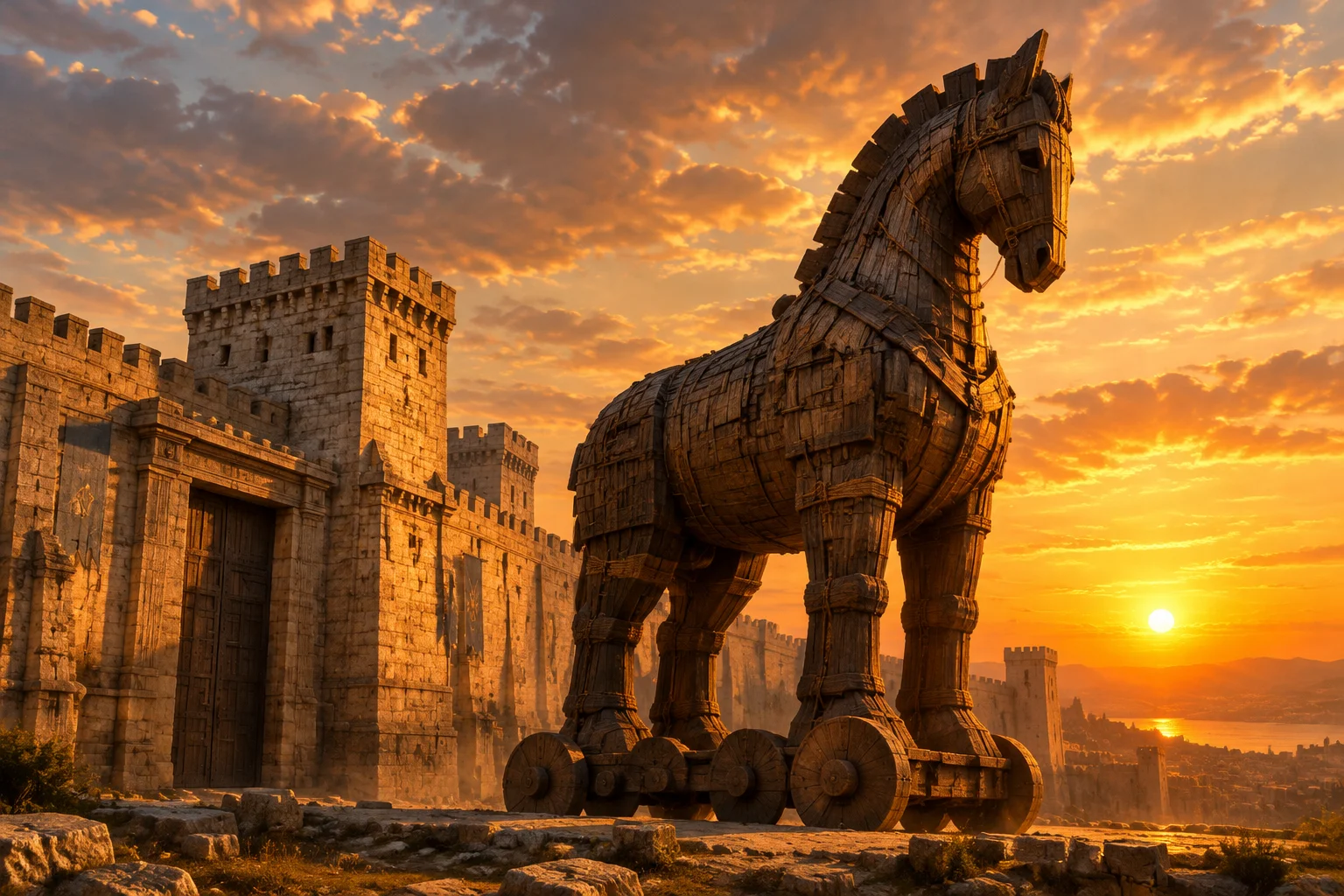 Giant wooden horse outside ancient stone city walls at sunset, epic scale, dramatic golden light, no people