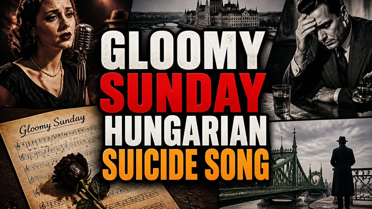 A bold, high-impact blog featured image in the style of a professional YouTube thumbnail or documentary poster. Create a dramatic photo-collage montage of 3-5 distinct historical scenes, subjects, or artifacts directly relevant to "Gloomy Sunday: The Infamous Hungarian Suicide Song and the Myth Behind It" — vivid, cinematic documentary-photography style, rich color grading, high contrast, dynamic diagonal composition blending the scenes together. Overlay a large, bold, stacked headline of text on top reading exactly: "GLOOMY SUNDAY HUNGARIAN SUICIDE SONG". Render the headline in a heavy, condensed, high-contrast font with a black outline/stroke for legibility, mixing white text with a single vibrant accent color (gold, red, or orange) on the most important word or phrase for emphasis, spelled correctly. The headline text must be the dominant visual element — large, bold, and easy to read even at small thumbnail size. Vibrant, punchy, professional commercial photography and graphic-design composition. 16:9 landscape. Keep the headline text within the vertical center safe zone, away from the very top and bottom edges of the frame, since the image may be cropped afterward. No watermarks, no logos, no extra captions or invented text beyond the headline itself.