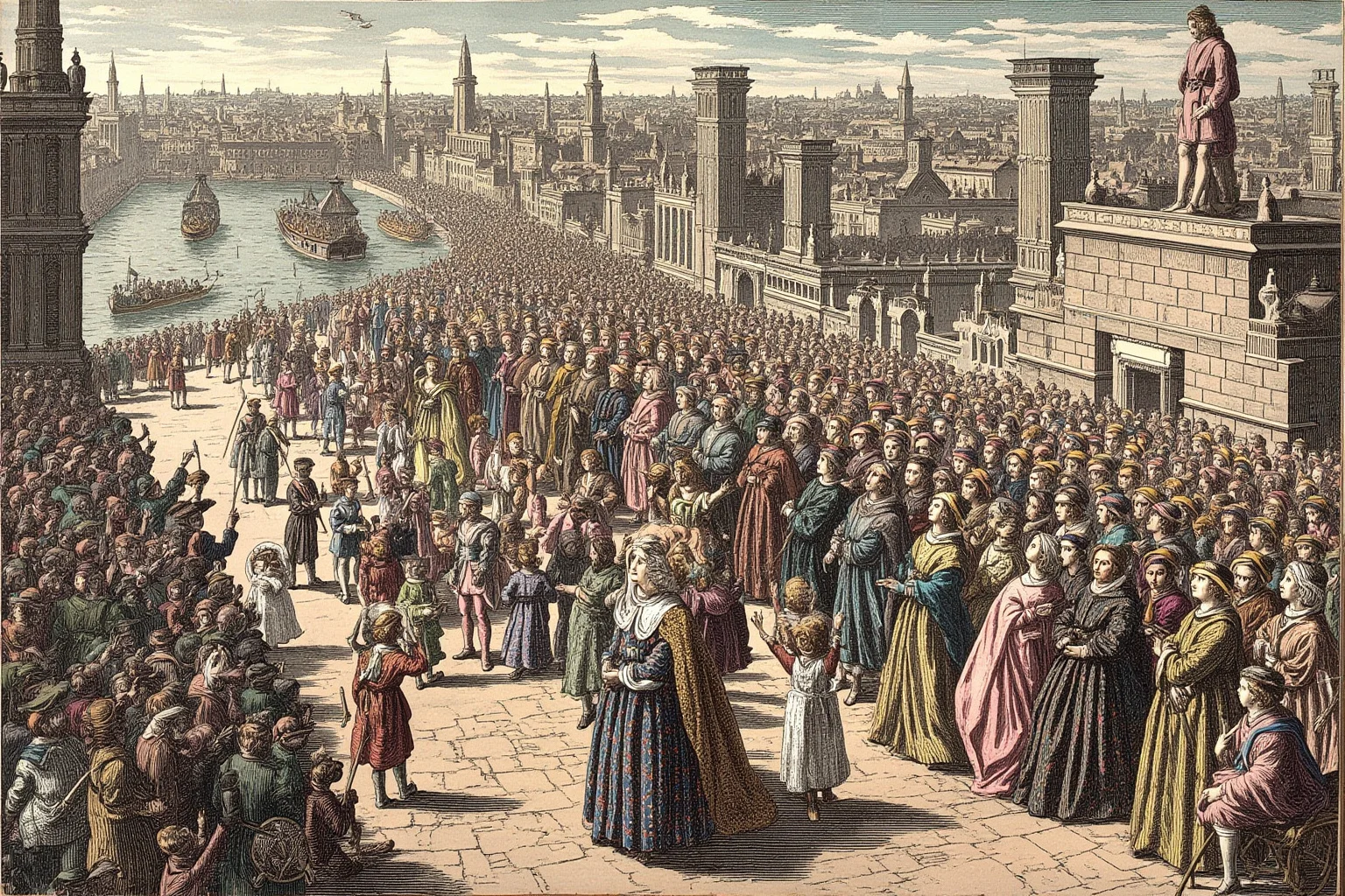 20 Facts About Anne Boleyn: Myths, History and Real Life 12 Grand 1533 coronation procession through London streets with decorated pageants, a barge on the Thames, and cheering and silent crowds, illustrated style