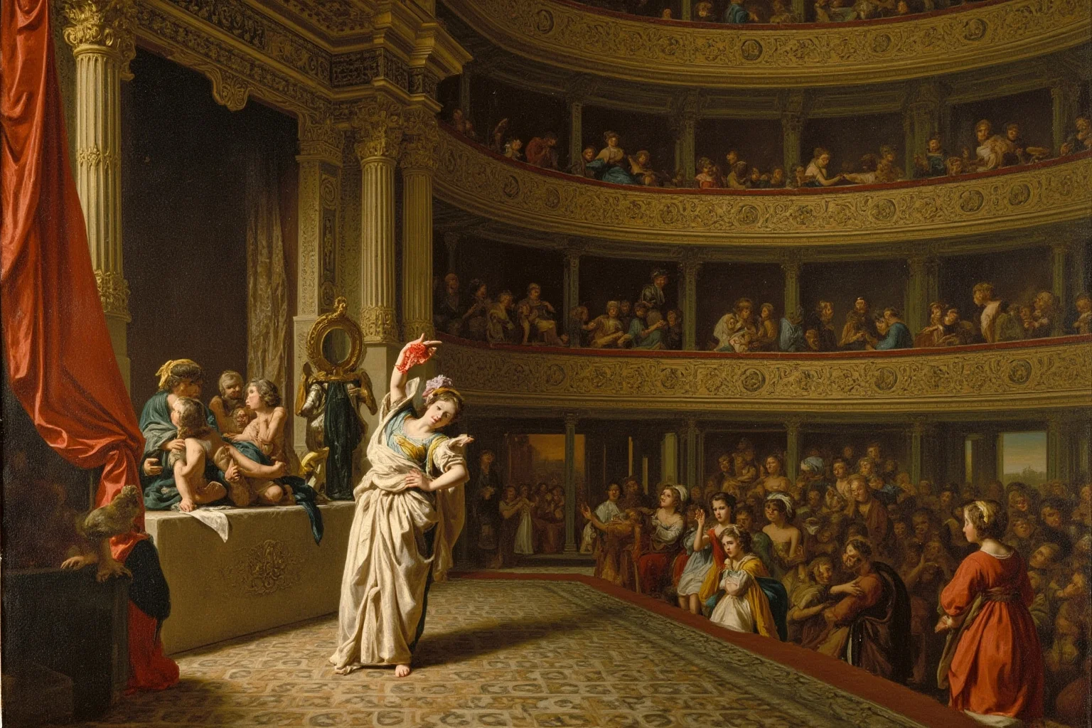 Grand baroque opera house interior in Paris around 1690, a singer in a goddess costume as Pallas Athena on stage, painterly illustration
