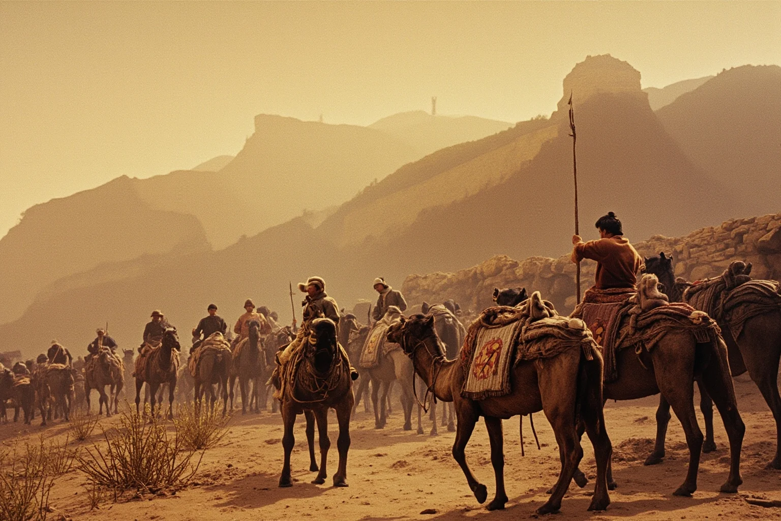 Great Wall of China during the Han Dynasty era with ancient Silk Road camel traders in the foreground