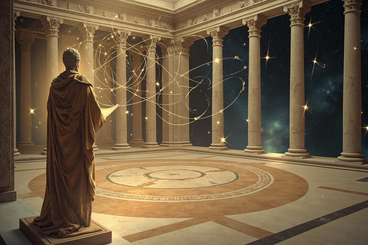 Greek atomist philosopher imagining atoms falling through an infinite void, marble courtyard, scrolls, subtle cosmic diagram, no recognizable face.