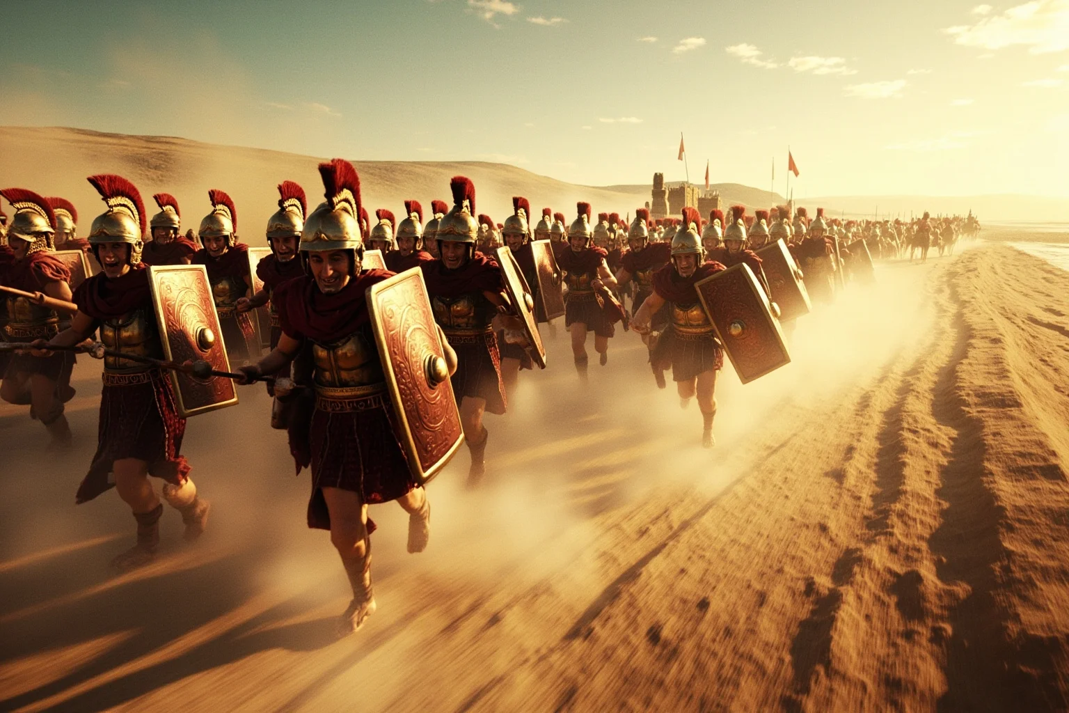 25 Epic Battles of History: The Greatest Clashes That Shaped Our World 4 Greek hoplites in bronze armor charging across a coastal plain toward Persian lines at the Battle of Marathon, dust and sunlight, historical illustration
