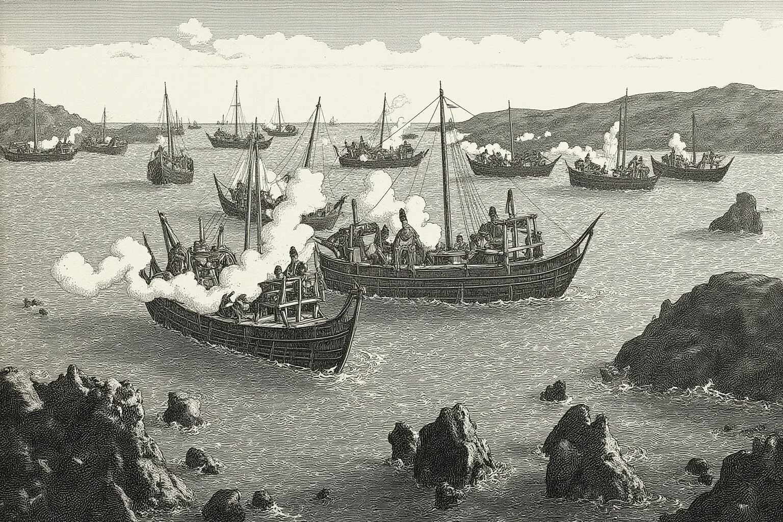 25 Epic Battles of History: The Greatest Clashes That Shaped Our World 6 Greek triremes ramming Persian ships in a narrow strait at the Battle of Salamis, choppy water and rocky shoreline, historical naval illustration