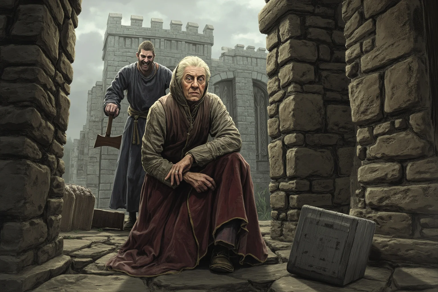 Executions Gone Horribly Wrong: 28 Botched Executions That Shocked History 3 Grim historical illustration of an elderly noblewoman in Tudor dress kneeling near a block in a stone tower courtyard, a nervous young axeman behind her, overcast sky, painterly style.